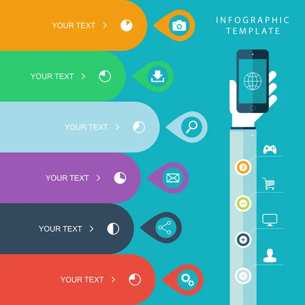 Info grafische sjabloon met hand met telefoons voor marketingplan verkoop grafiek illustratie werk flow lay-out, diagram, opties voor alineanummering, webdesign, presentatie. — Stockvector