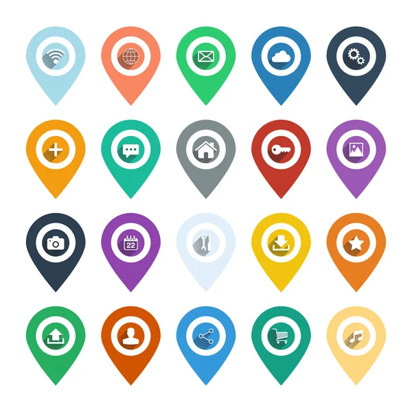 Conjunto de punteros y marcadores de color aislados para mapa y plano con iconos web . — Vector de stock