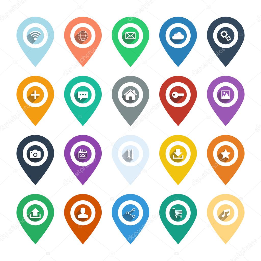 Set of isolated color pointers and markers for map and plan with web icons.