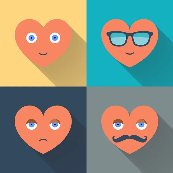 Corazones con gafas de sol, ojos, bigote y sonrisa. Diseño ilustración vectorial plana de color . — Archivo Imágenes Vectoriales