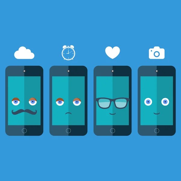 Chytré telefony s sluneční brýle, očima, knír a úsměvem na modrém pozadí. — Stockový vektor
