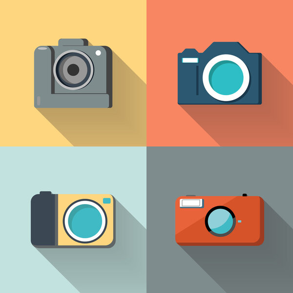 Set of photo cameras on color background with long shadow.