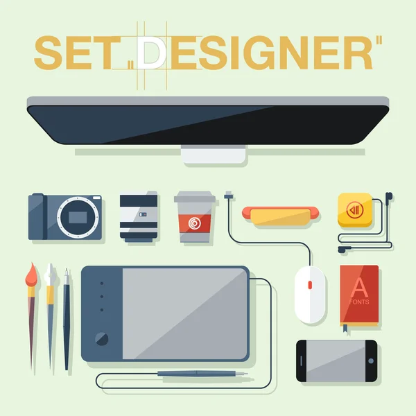 Plochý design vektorový obrázek ikony sada položek grafického návrháře, nástroje a zařízení. — Stockový vektor
