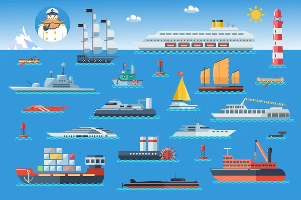 Big set of sea ships. Water carriage and maritime transport in flat design style. — Stock Vector