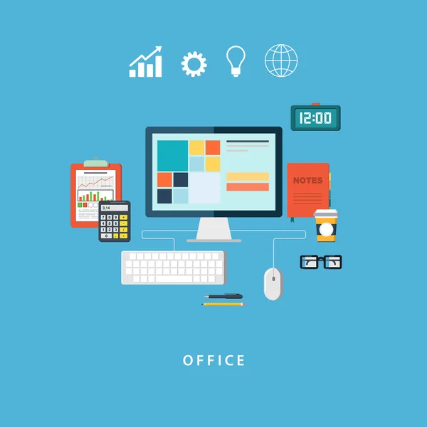 Flat design vector illustration of business work flow items and elements, office things and equipment. — Stock Vector