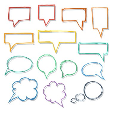 Konuşma balonları. Çizilmiş tasarım öğeleri koleksiyonu.
