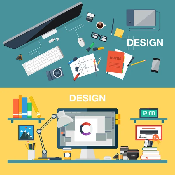 Diseño plano vector ilustración de diseño creativo oficina espacio de trabajo, lugar de trabajo de diseño. Vista superior . — Vector de stock