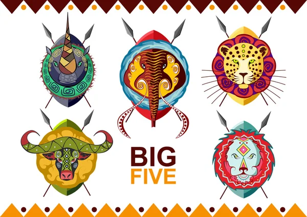 Afrikaanse grote vijf. Rhino, buffalo, olifant, luipaard en Leeuw. — Stockvector