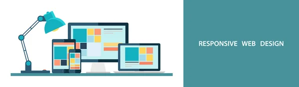 Reagovat webdesign, jak je vidět na ploše monitoru, notebooku, tabletu a smartphone. — Stockový vektor