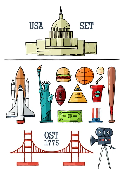 Símbolos dibujados a mano de Estados Unidos . — Vector de stock