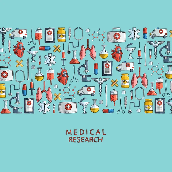 Tıbbi araştırma. Elle çizilmiş sağlık ve tıp simgeler. — Stok Vektör