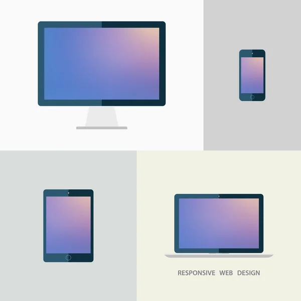 Reagovat webdesign. Stolní monitor, notebook, tablet a smartphone. Rozmazané pozadí. — Stockový vektor