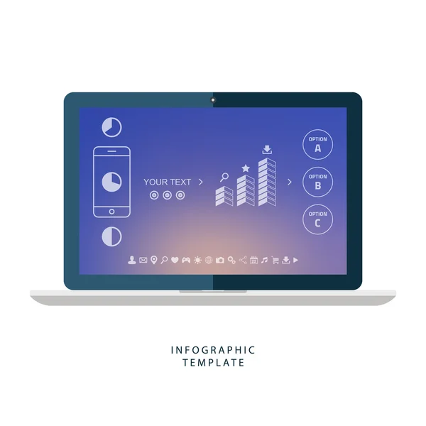 Portátil con elementos infográficos sobre fondo borroso . — Vector de stock