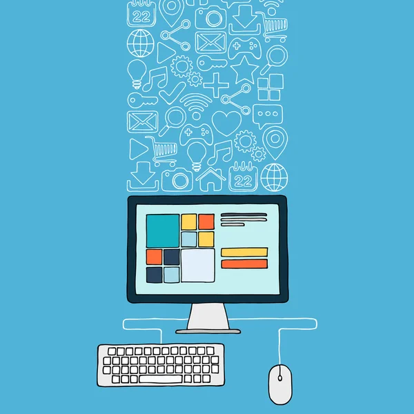Ordenador de escritorio dibujado a mano con iconos web . — Vector de stock