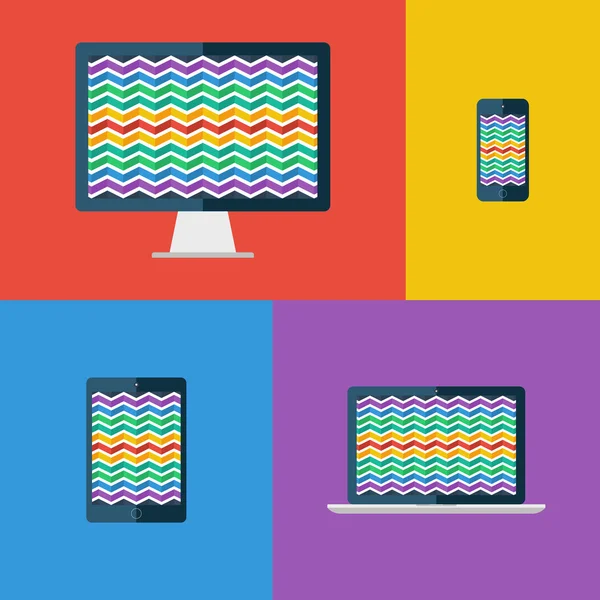 Fond Zigzag. Moniteur de bureau, ordinateur portable, tablette et smartphone. Couleurs plates . — Image vectorielle