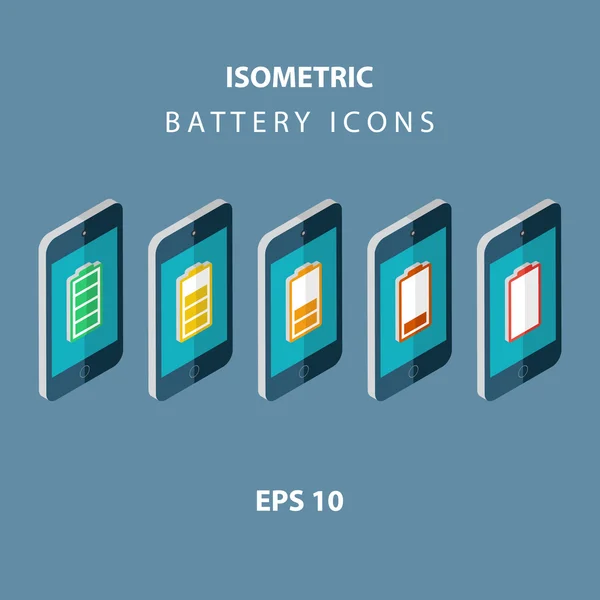 Set of color isometric battery icons with mobile phones. — Stock Vector