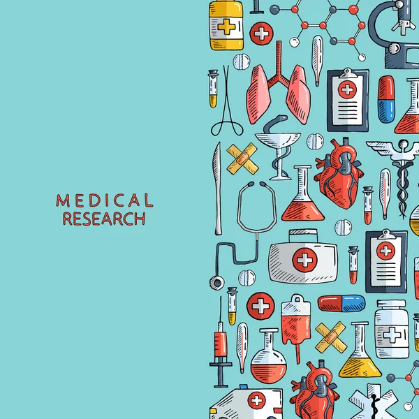 Recherche médicale. Soins de santé et médecine dessinés à la main . — Image vectorielle