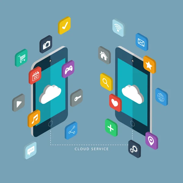 Isometrische dienstverleningsconcept wolk. Mobiele telefoons met apps pictogrammen. — Stockvector