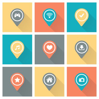 Renk işaretçisi ve harita ve uzun gölge rengi zemin üzerine simgeleri ile planı için işaretleri.