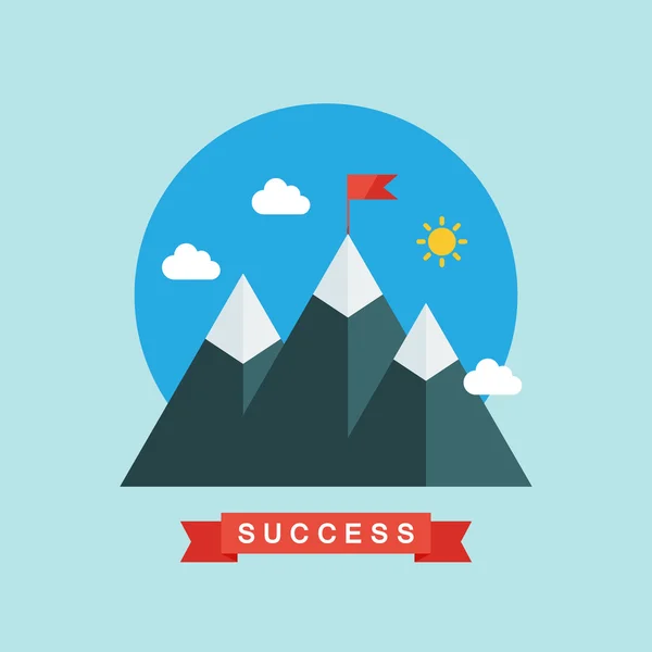 Flat design vector illustration of success and victory. High mountain, ribbon, clouds, red flag on the mountain peak. — Stock Vector