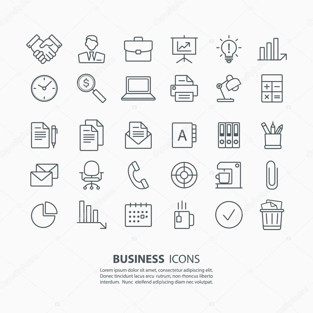 Outline business and office icons set.