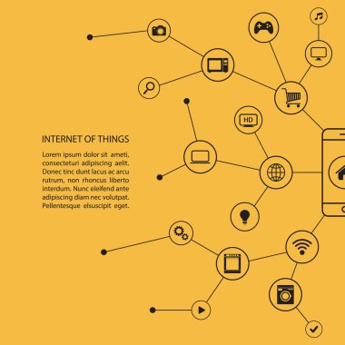 Internet şeyler kavramı ile akıllı telefon ve siyah simgeler. Tasarım afiş.