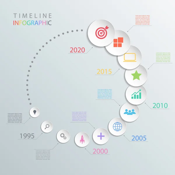 Modello di design infografico della timeline del cerchio con icone a colori.Illustrazione vettoriale . — Vettoriale Stock