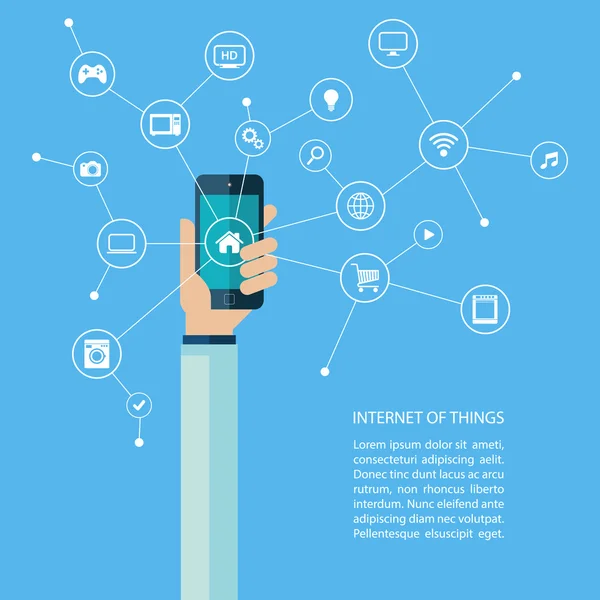 Concept d'Internet des objets avec smartphone main humaine . — Image vectorielle