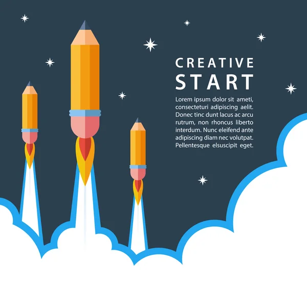 创新创业概念。使用铅笔火箭启动。夜晚的天空. — 图库矢量图片