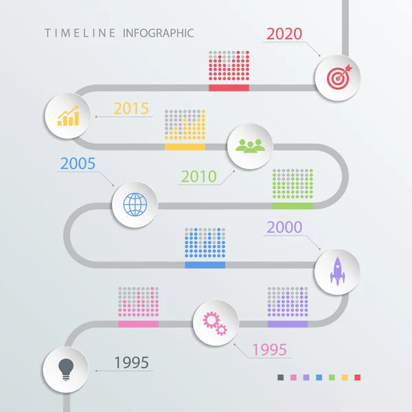 Plantilla de diseño infográfico de línea de tiempo vial con iconos de color. Ilustración vectorial . — Vector de stock