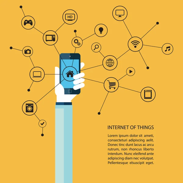 Internet holding smartphone ve siyah simgeler insan eliyle şeyler kavramının. — Stok Vektör