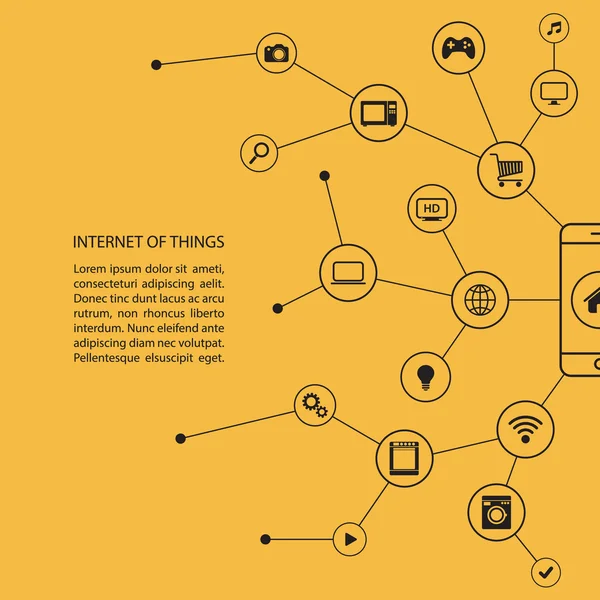 Internet w koncepcji rzeczy z inteligentnych telefonów i czarny ikony. Projekt banera. — Wektor stockowy