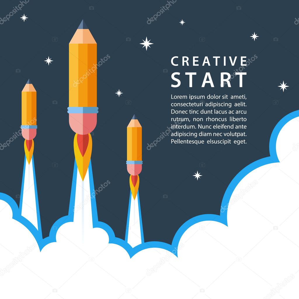 Creative start concept. Start up with pencil rocket. Night sky.