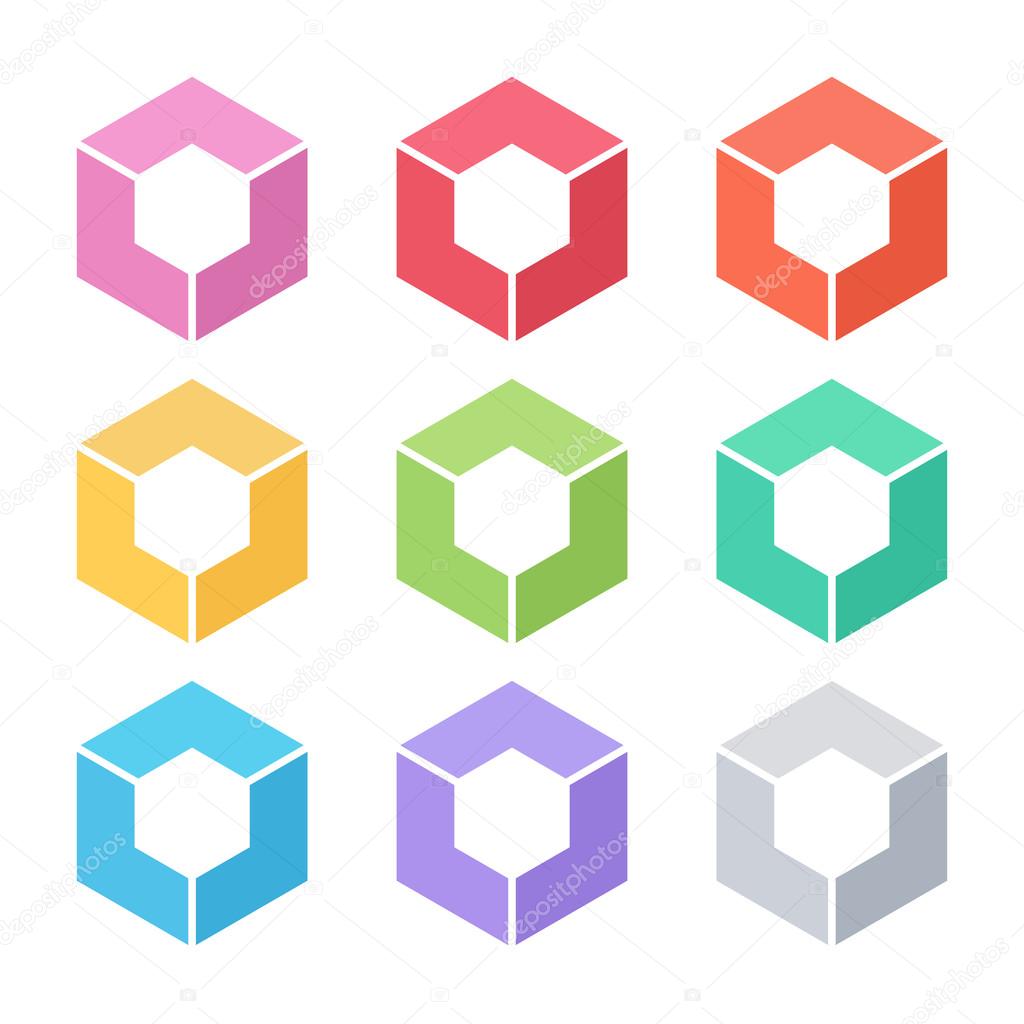 Set of abstract cube vector template. Corner geometric shape and symmetric symbol, square icon, box logo or box shape.