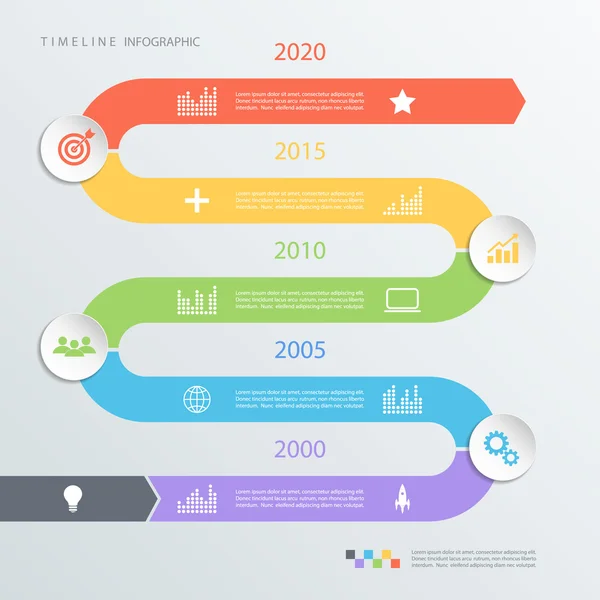 Modello di design infografico della timeline stradale con icone a colori. Illustrazione vettoriale . — Vettoriale Stock