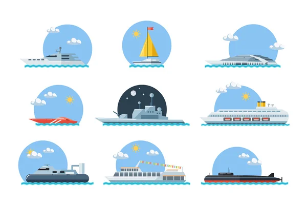 Deniz gemi kümesi. Düz tasarım tarzında deniz taşımacılığı. — Stok Vektör