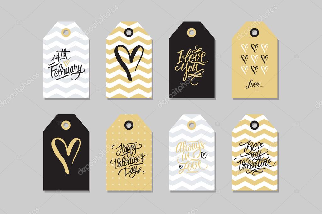 Collection of Happy Valentines day gift tags. Set of hand drawn holiday label in black, gold, white and grey.