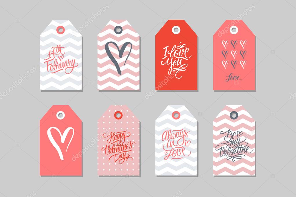 Collection of Happy Valentines day gift tags. Set of hand drawn holiday label in red, pink, white and grey.