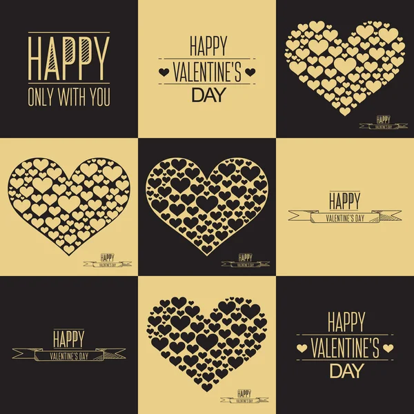 Feliz cartão de Dia dos Namorados. Conjunto de símbolos de sinais cardíacos. Coração de muitos corações. Cor preta e dourada . — Vetor de Stock