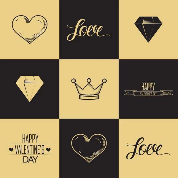 Щасливий день Святого Валентина карт. День Святого Валентина елементів. Серце, Корона, diamond. Золото і чорного кольору. — стоковий вектор