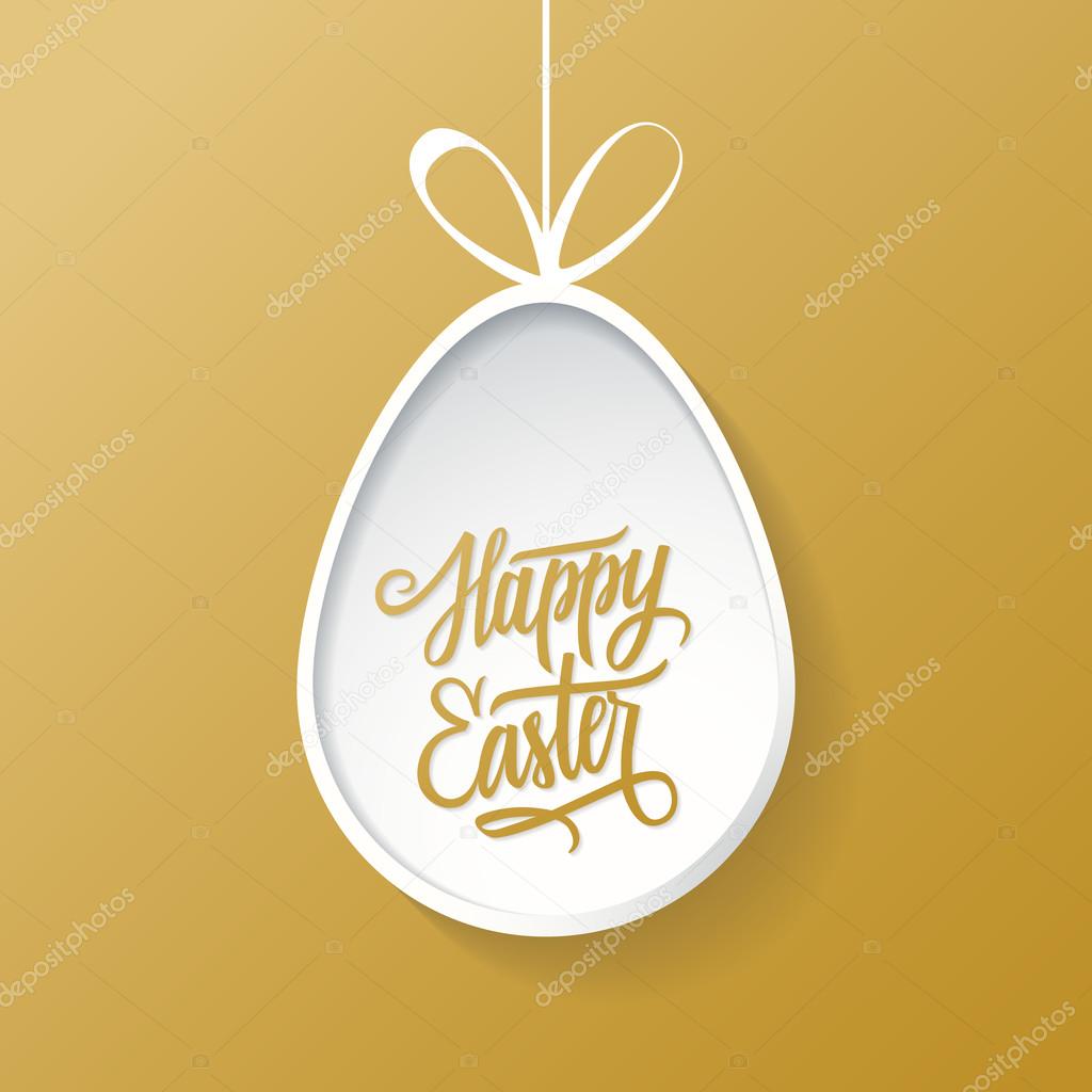 Easter egg with handwritten inscription Happy Easter. Happy Easter greeting card. Happy Easter lettering. Happy Easter symbol. Gold color.