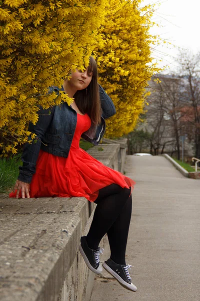 Menina Curvilínea Vestido Vermelho Senta Parapeito — Fotografia de Stock