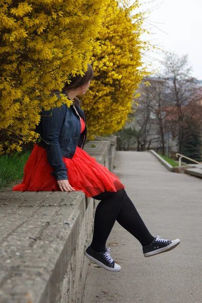 Kurviges Mädchen Roten Kleid Sitzt Auf Der Brüstung — Stockfoto