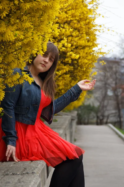 Kurviges Mädchen Roten Kleid Sitzt Auf Der Brüstung — Stockfoto