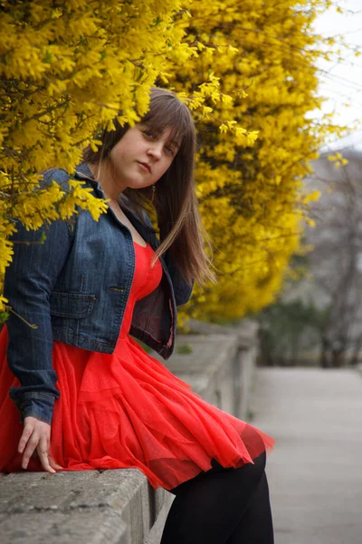 Menina Curvilínea Vestido Vermelho Senta Parapeito — Fotografia de Stock