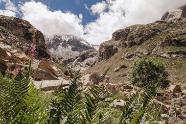 Beyaz bulut ve mavi gökyüzünün altında dik kahverengi dağlar.