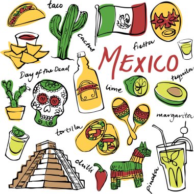 Meksika doodle simgeler kümesi