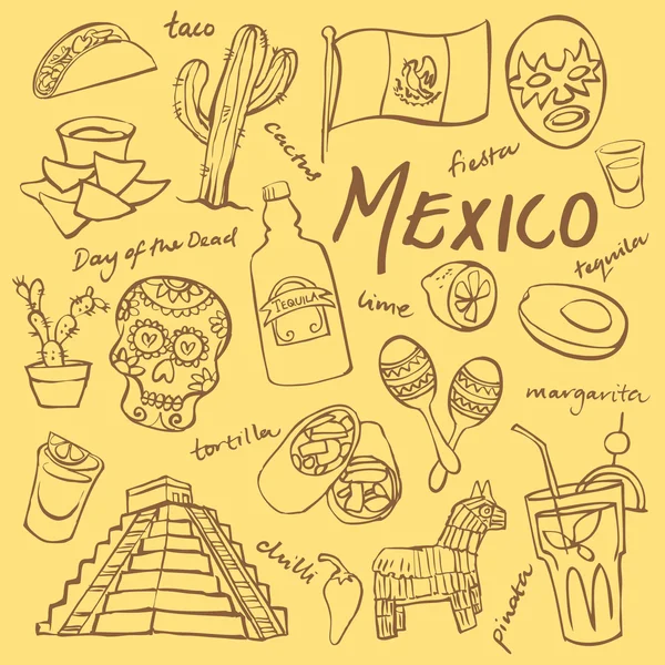 Mexiko Doodle Symbole gesetzt — Stockvektor