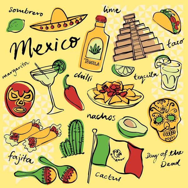 Meksyk doodle zestaw ikon — Wektor stockowy
