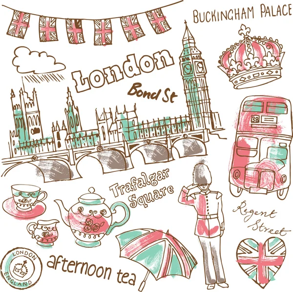 Londen pictogrammen doodle set — Stockvector